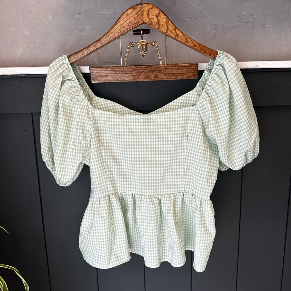 SHEIN Light Green‎ White Gingham Puff Sleeve Blouse size Large - Picture 2 of 10